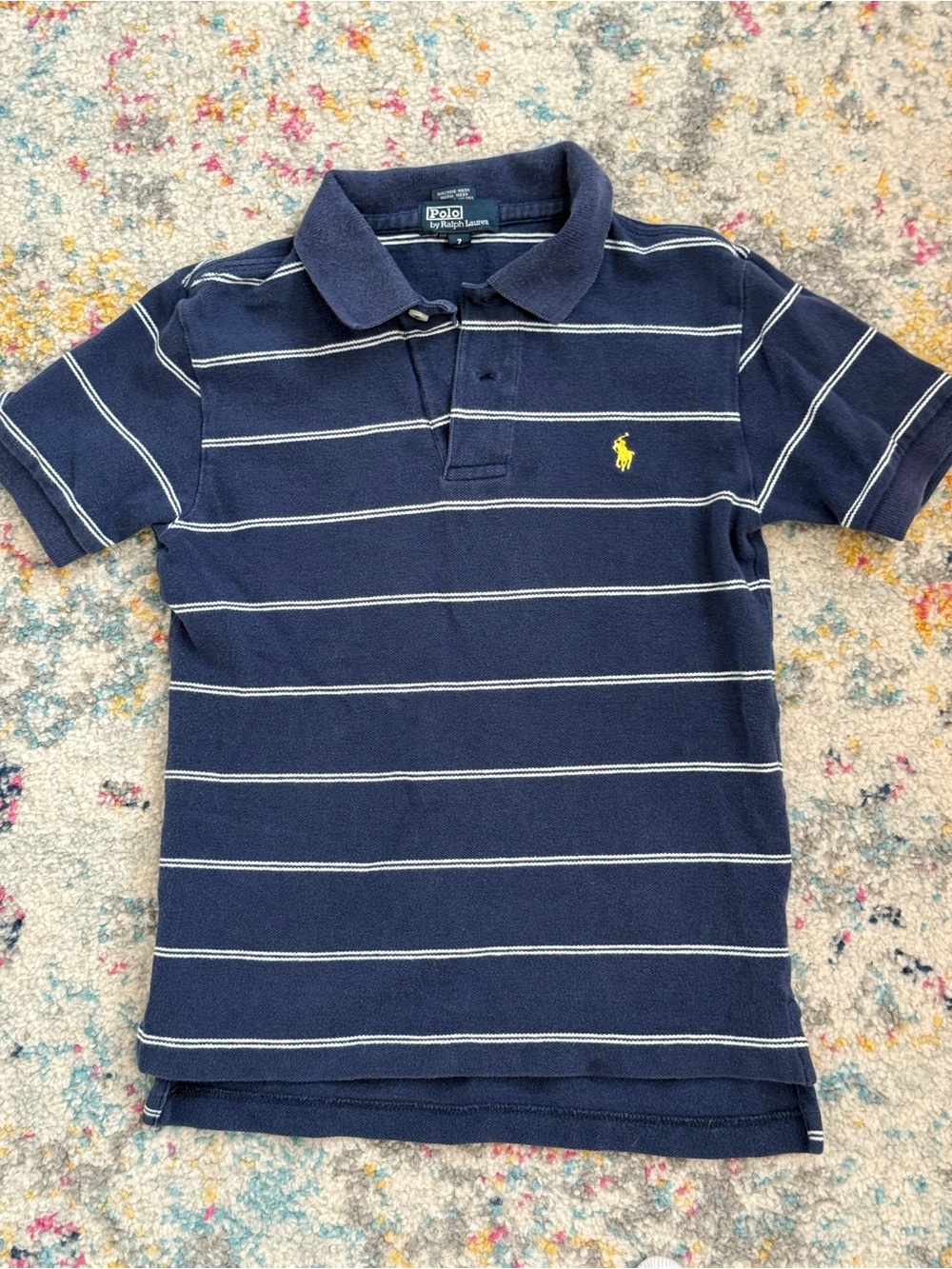 Ralph Lauren Navy and White Striped Polo with Yellow Pony Size 7